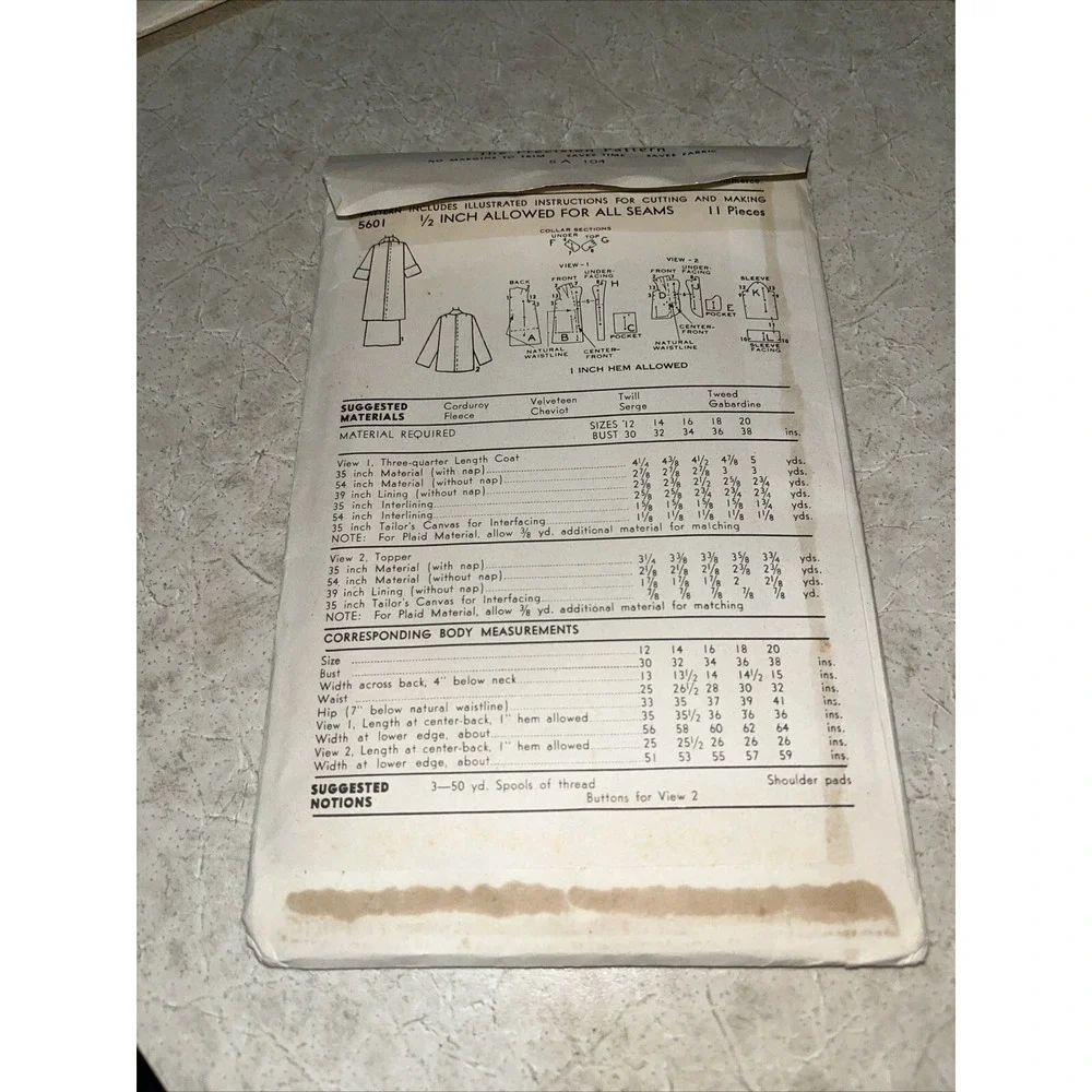 Vintage Advance Pattern 5601 Size 12 Bust 30 Coat‎